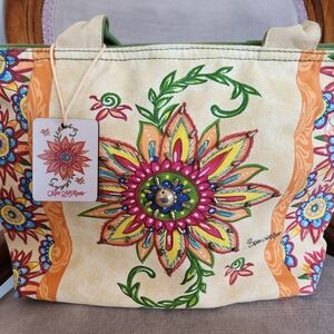 NWT Kate McCrostie Ikat Floral Canvas Tote Bag / Handbag, Beaded
